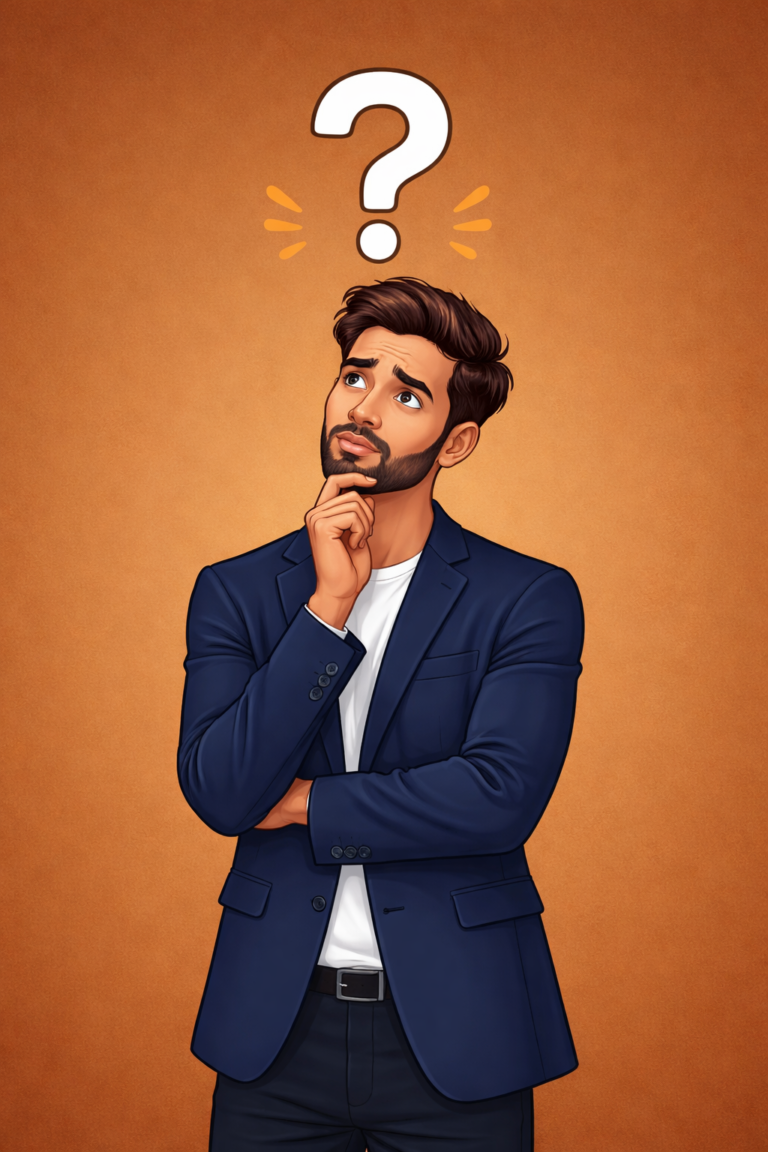 “Cartoon man standing in a thinking pose with question mark, vizcon marketing decision-making.”